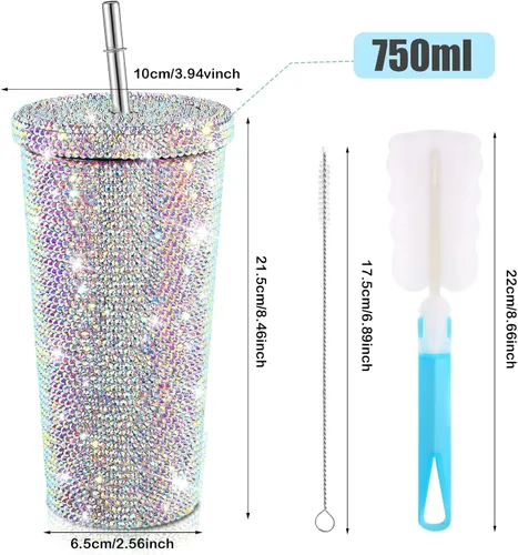Miniatura 2 de Mimorou Botella de agua con diamantes brillantes y tachonados, con tapa, de acero inoxidable, térmica, con diamantes de imitación y 1 cepillo