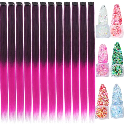 Miniatura 23 de Extensiones de cabello de colores, extensión de cabello liso con clip de 22 pulgadas, extensiones de cabello con brillantina multicolor arcoíris
