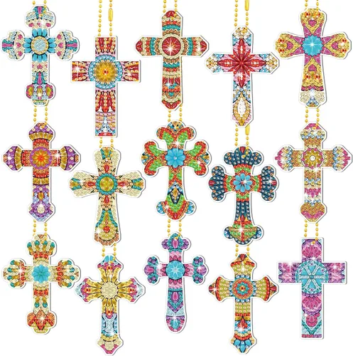 Inbagi 15 piezas de llaveros de pintura de diamante con cruz de Pascua, 5D, bricolaje, cruz de diamante, llaveros colgantes para regalos de fiesta