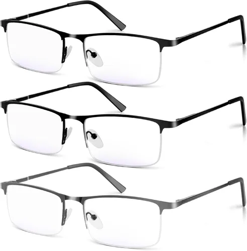 Miniatura 10 de Paquete de 3 lentes de lectura con bloqueo de luz azul para hombres, elegantes lectores de computadora de metal de medio marco, anteojos ligeros