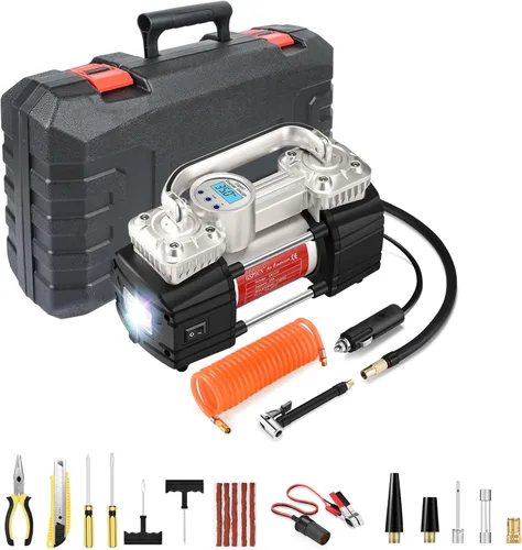 GSPSCN 12V Digital Heavy Duty Neumáticos Inflador Portátil Compresor Bomba | with Toolbox Tire Repair Kit 6X Faster Inflation Auto shut-off Dual