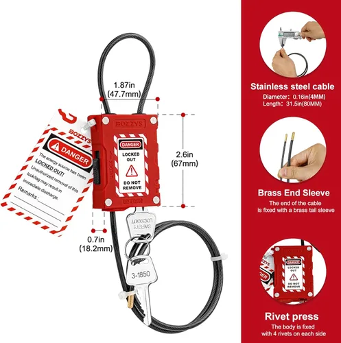 Miniatura 2 de Cerraduras de cable de bloqueo con 2 llaves Cable de acero de PVC ajustable de 0.16 x 31.5 pulgadas compatible con OSHA para válvulas, paneles