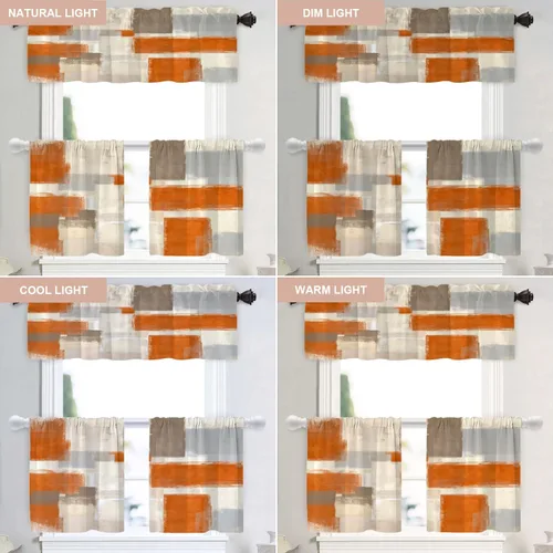 Miniatura 9 de Shrahala Beige and Orange Abstract Art Brushstrokes Blackout Curtain Tiers, Abstract Oil Paint Kitchen Valance Light Blocking Tier Drapes with Rod