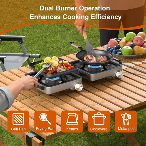 Miniatura 3 de Estufa de campamento plegable de 2 quemadores de 27000 BTUs con parabrisas, estufa de campamento portátil con quemadores ajustables y bolsa