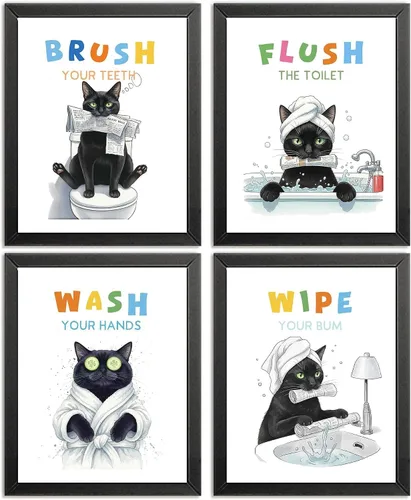 AEHIE Divertido póster de baño de gato negro para niños y niñas, decoración de inodoro, baño, baño, baño, gato negro, decoración de baño,