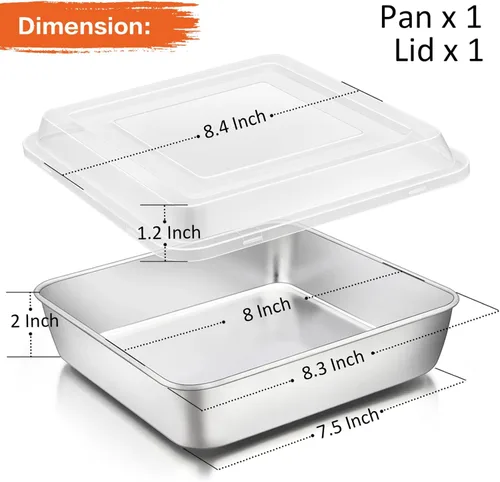 Miniatura 2 de P&P CHEF Molde cuadrado para hornear pasteles con tapa, bandeja de brownie de lasaña de acero inoxidable y cubierta de plástico para picnic, boda
