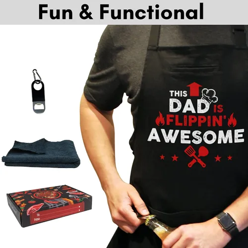 Miniatura 3 de Delantal para papá con 3 bolsillos, abrebotellas, toalla y caja de regalo, regalo ideal para cumpleaños, Navidad y día del padre