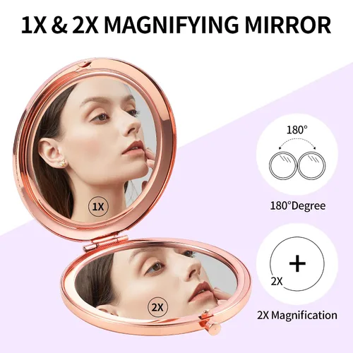 Miniatura 3 de Espejo Compacto Oro Rosa Espejo de Maquillaje Mini Espejo de Bolsillo Plegable Espejo de Mano Portátil de Doble Cara 2x 1x Aumento para Mujeres