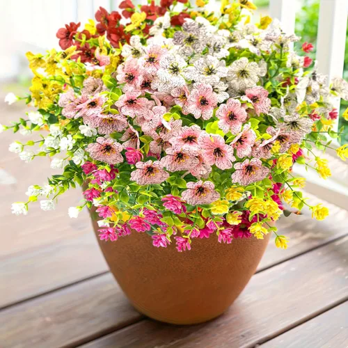 12 paquetes de flores artificiales para exteriores, plantas falsas para decoración de otoño y verano, flores de seda artificiales, resistencia