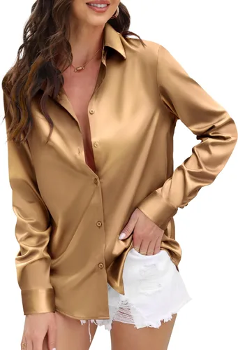 Miniatura 5 de CUNLIN Camisas de satén de seda suave con botones de leopardo para mujer, camisa de trabajo de manga larga de seda, blusas de vestir, tops