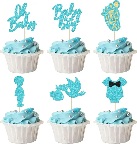 Ephlyn 24 adornos azules para tartas con diseño de cisne, suministros de fiesta temática de baby shower, decoraciones para niños y niños, fiesta de