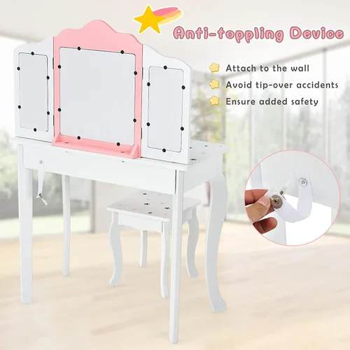 Miniatura 6 de Costzon Juego de tocador para niños con espejo, tocador de maquillaje de princesa 2 en 1 con parte superior desmontable, tocador para niñas pequeñas