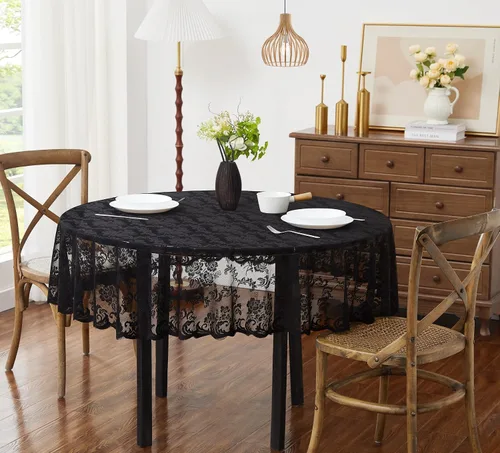ASATEX Mantel de encaje redondo negro de 36 pulgadas. El patrón floral clásico y elegante es la elección ideal para cualquier comedor de lujo,