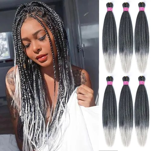 Cabello para trenzar preestirado plateado, 20 pulgadas, 6 paquetes de extensiones de cabello trenzado Ombre preestiradas para mujeres, fibra
