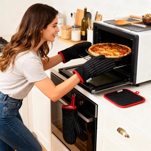 Miniatura 5 de Juego de manoplas de horno y soportes para ollas, guantes de horno y agarraderas con algodón de alta resistencia al calor, extra gruesos, largos