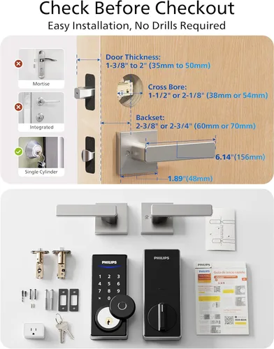 Miniatura 9 de Cerradura inteligente Philips WiFi con asa, cerradura de puerta sin llave con huella dactilar y puente WiFi, cerraduras inteligentes para puerta