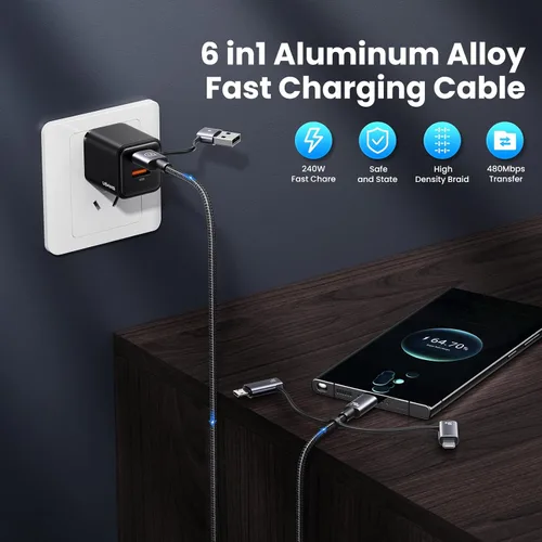 Miniatura 2 de Cable de carga múltiple de 240 W, cable USB C 6 en 1 de 4 pies, cables de carga rápida con puertos USB-C/A a conectores IP/tipo C/micro
