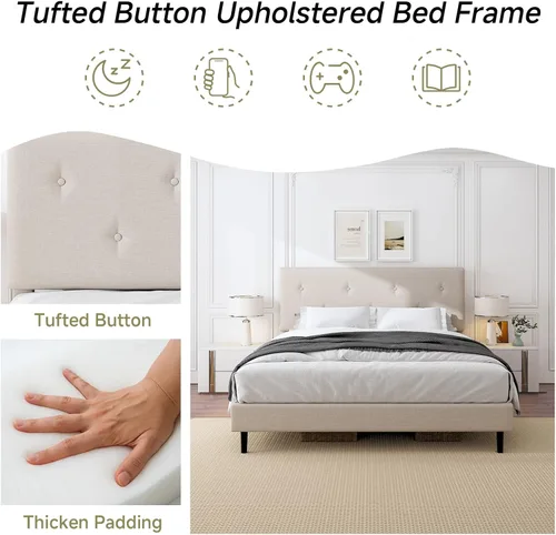 Miniatura 6 de Marco de cama de lino de tamaño matrimonial, marco de cama tapizado con cabecera ajustable, soporte de listones de madera, no necesita somier, fácil