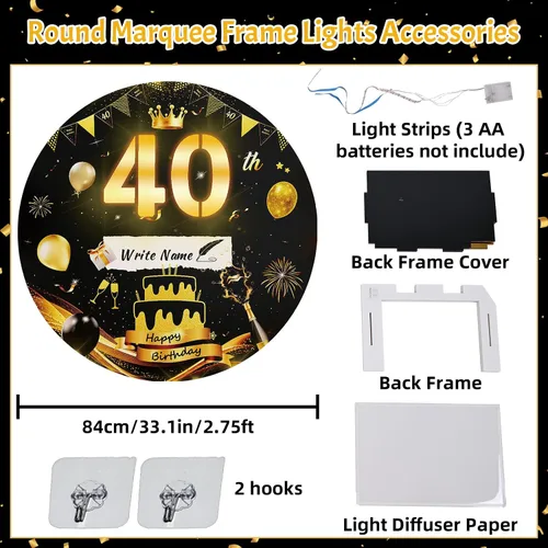 Miniatura 6 de Letrero luminoso de feliz cumpleaños de 40 años, decoración de fiesta para hombres, fondo de cumpleaños LED negro y dorado, carpa redonda, cartón