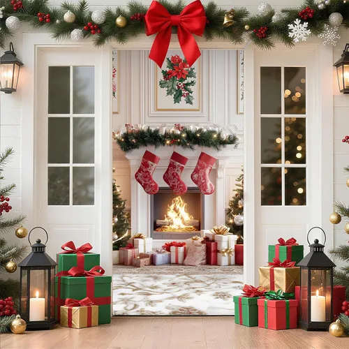 Cubierta de Puerta de Navidad Papá Noel Muñeco de Nieve Árbol de Navidad Corona Pancarta Decoración de Vacaciones de Invierno para Puerta Principal
