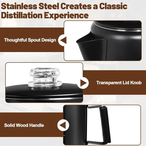 Miniatura 6 de Percolador de 6 Tazas de Acero Inoxidable 304 Cafetera Máquina de Café con Mango de Madera Sólida Perilla Transparente Estufa Greca Mocha