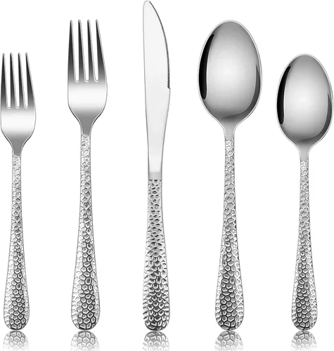 E-far - Juego de cubiertos martillados para 4, 20 piezas de acero inoxidable, incluye cuchillos, tenedores, cucharas, diseño moderno y pulido de