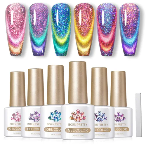 Miniatura 34 de Born Pretty - Esmalte de uñas en gel magnético Cat, set de esmalte de uñas de gel brillante retro magnético de 6 colores, kit de esmalte de uñas Oda