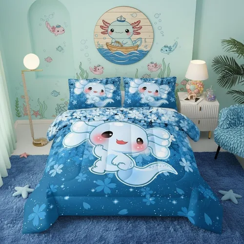 Miniatura 26 de QOOMO Juego de edredón de 3 piezas con diseño de mariposa de dibujos animados, tamaño individual, bonito juego de ropa de cama con lazo