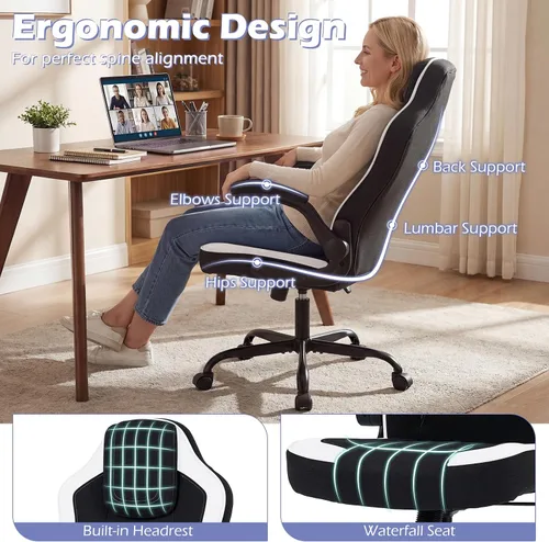 Miniatura 4 de Giantex Silla de oficina ergonómica, silla de escritorio de tela de lino con reposabrazos abatibles de 90°, altura ajustable, función mecedora