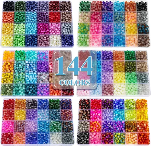 XSEINO Juego de aproximadamente 7200 cuentas de vidrio de 0.236 pulgadas para hacer pulseras, 144 diseños surtidos, serie de colores especiales,