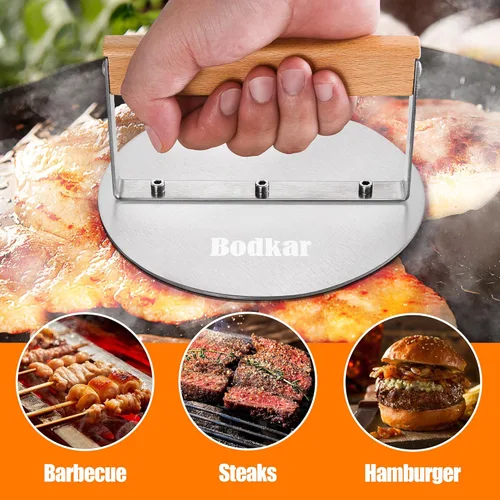 Miniatura 7 de bodkar Prensa de hamburguesas de acero inoxidable, trituradora de hamburguesas redonda de 6 pulgadas con mango de madera, prensa para parrilla