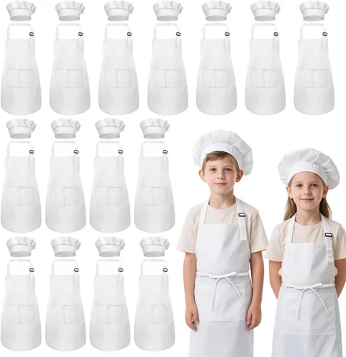 Miniatura 11 de Juego de delantal y sombrero de chef para niños, 24 piezas con 2 bolsillos ajustables para cocinar, aula, hornear, pintura, 6 a 13 años