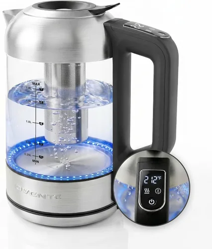 OVENTE Hervidor eléctrico de vidrio digital con control de temperatura, hervidor de té eléctrico inalámbrico de 1.8 L con 7 presets, olla eléctrica