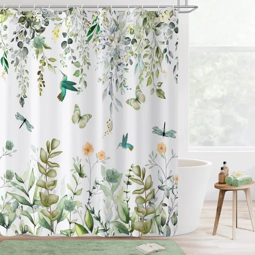 Miniatura 9 de Cortina de ducha de hojas de eucalipto en blanco y negro, hojas de acuarela negras y doradas, cortina de baño con plantas botánicas, tela