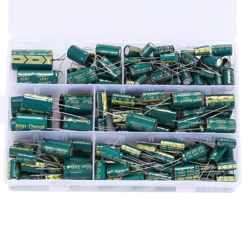 Kit de 135 piezas de condensadores electrolíticos de aluminio de 19 valores de alta frecuencia 470uF－10000uF 6.3V 16V 25V 35V 50V con caja de