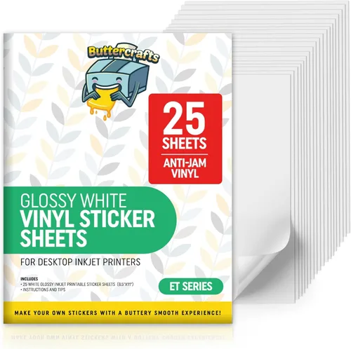 Papel adhesivo de vinilo imprimible brillante, impermeable, 25 hojas de 8.5 x 11 pulgadas, impresora de inyección de tinta (compatible con