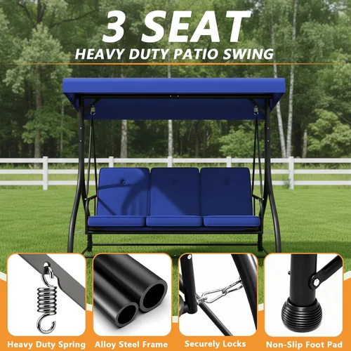 Miniatura 5 de Cama columpio para porche de 3 asientos con toldo ajustable y cojines extraíbles, marco de acero resistente, columpio para patio al aire libre, Azul
