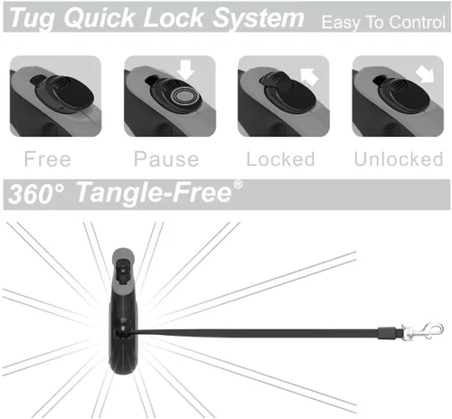 Miniatura 3 de TUG - Correa retráctil 360º para perros, libre de enredos, mango antideslizante, nailon resistente de 16 pies, freno de una sola mano, pausa y Gris