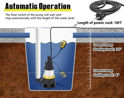 Miniatura 3 de Bomba de sumidero sumergible de 7000 GPH potente bomba de agua para drenaje de piscina, bomba de utilidad de acero inoxidable de 1.5 HP