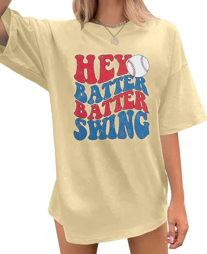 Miniatura 8 de Camiseta de béisbol para mujer, camisetas de béisbol de gran tamaño Hey Batter Batter Swing Graphic Tee Ballpark Gift Tops de manga corta