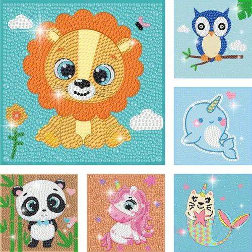 Miniatura 9 de DIYGEMDOT Paquete de 6 kits de arte de diamantes para niños, lindos animales pintura de diamantes para principiantes, arte de gemas DIY 5D para Y004