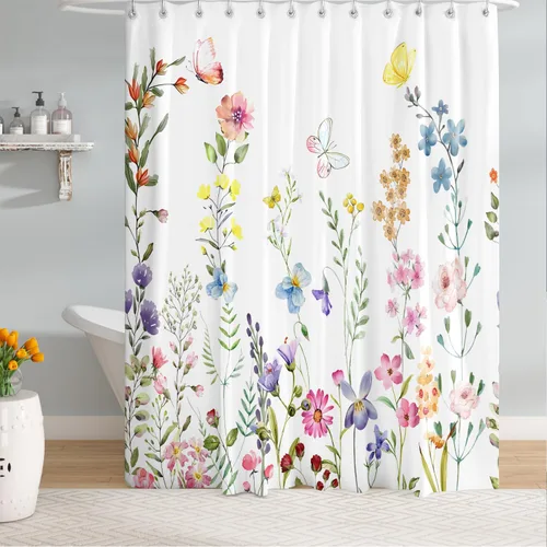 Cortinas de ducha largas y coloridas con diseño de mariposas y flores, de 72 x 78 pulgadas, tela impermeable con flores botánicas de primavera,