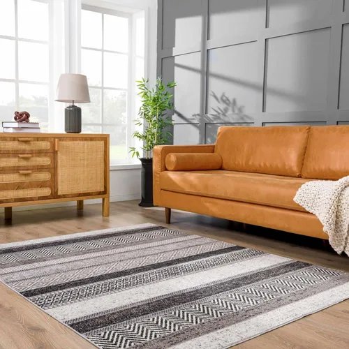 Hauteloom Middlestown - Alfombra lavable a máquina para sala de estar, dormitorio, color negro, beige, gris, 5 pies 3 pulgadas x 7 pies