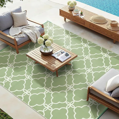 Miniatura 9 de Ashler - Alfombra de paja de plástico para exteriores, 5 x 8, reversible, color azul pálido, diseño moderno con flores para caravana, patio trasero