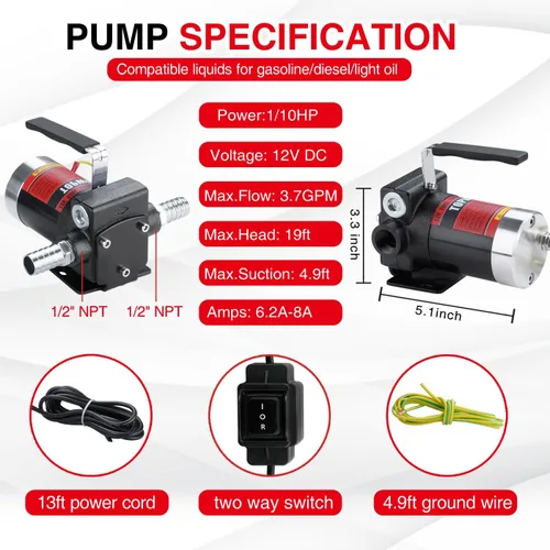 Miniatura 3 de TOPWAY Bomba de combustible de gasolina de 12 V CC, bomba de transferencia de aceite autocebante de 3.7 GPM con mango, bombeo reversible, protección