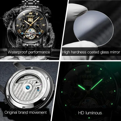 Miniatura 6 de OLEVS Relojes automáticos para hombres, reloj de pulsera mecánico de esqueleto de lujo dorado con cuerda automática, diamante luminoso, impermeable