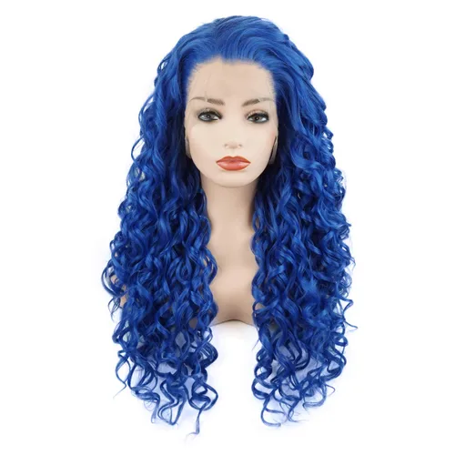 Pelo rizado largo 26 pulgadas azul medio atado a mano realista densidad densidad sintético encaje frente pelucas