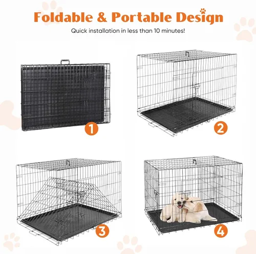 Miniatura 5 de Sweetcrispy Jaula para perros, jaula plegable de alambre de metal de doble puerta de 42 pulgadas con bandeja de plástico a prueba de fugas, perrera
