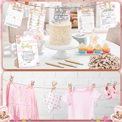 Miniatura 6 de Patelai 321 Bearly Wait Baby Shower Decoraciones de oso rosa, suministros de fiesta de oso rosa, juegos de baby shower, juegos de 5 juegos de No