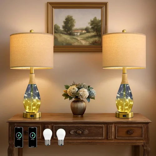 Miniatura 11 de OYEARS Juego de 2 lámparas de mesita de noche con USB, modernas lámparas de noche retro de cristal de ratán para dormitorio, sala de estar